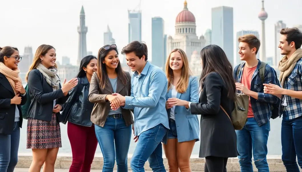 Teen travelers mastering various greetings from cultures around the world.