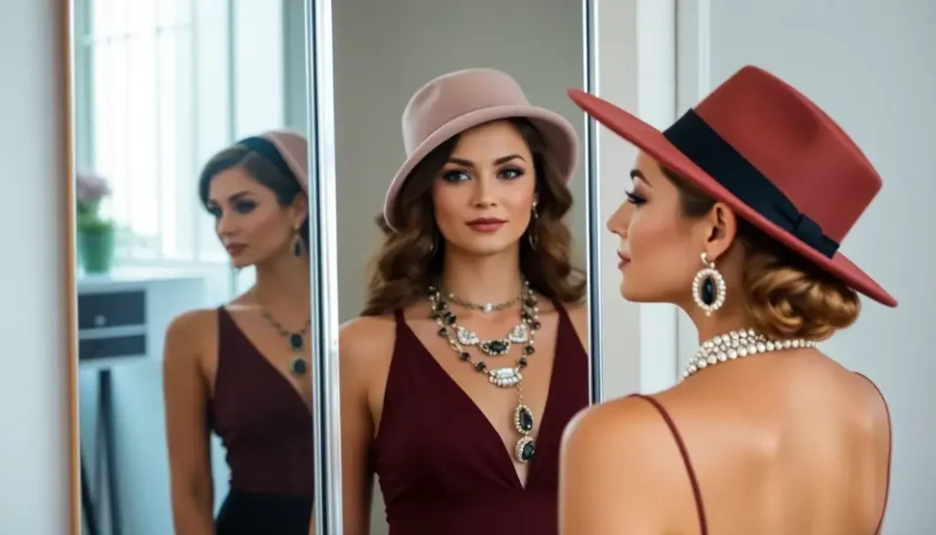 A stylish woman trying on accessories in front of a mirror, focusing on her reflection.