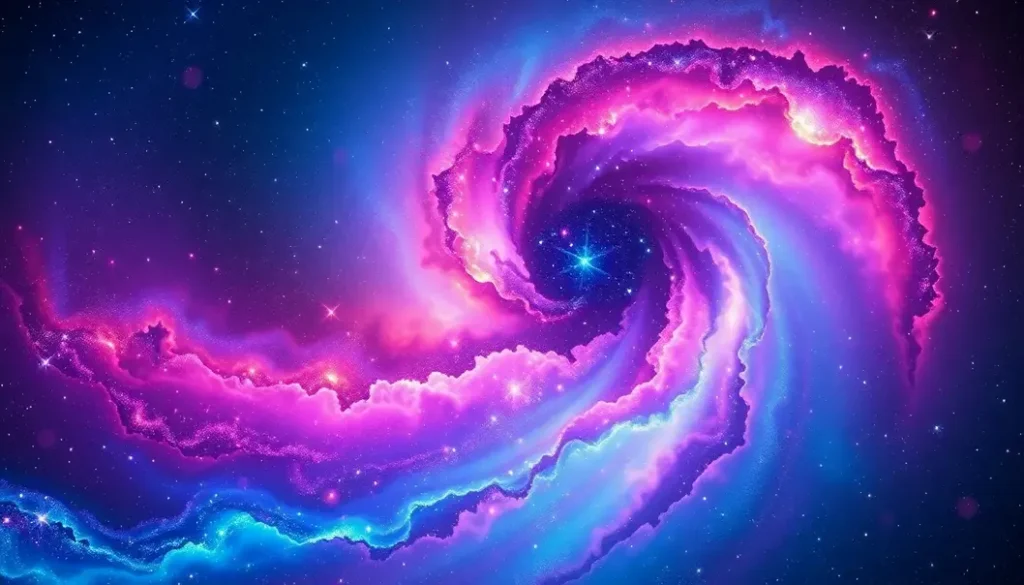 A vibrant galaxy resembling a fashion runway with stars glinting like sequins.