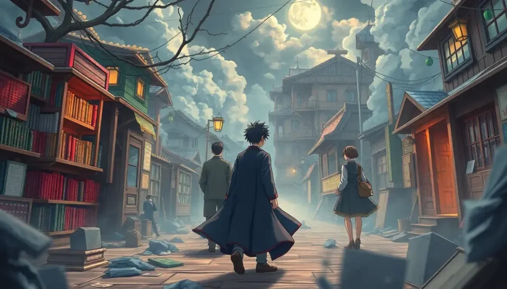 Characters from books transitioning into an anime world, highlighting societal themes.