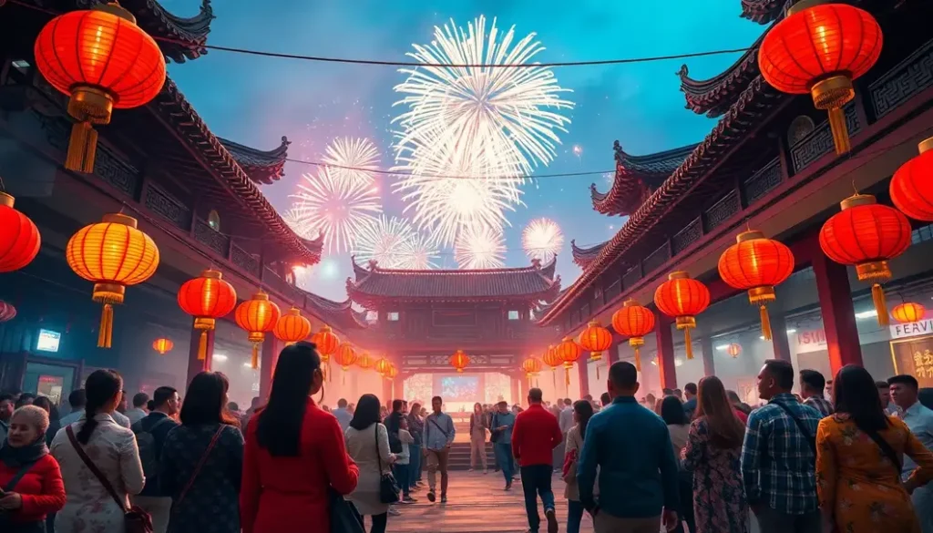 Colorful lanterns and fireworks during a Lunar New Year celebration, with people in traditional attire.