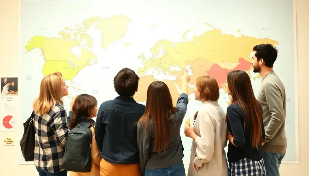 Teens examining a world map with symbols for cultural customs like greetings and dining.